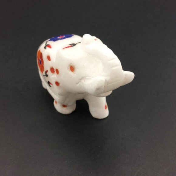 White Marble Elephant Figurine with Stone Inlay Floral Motif Trunk Up Handmade - Picture 6 of 16
